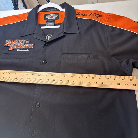 VTG HARLEY DAVIDSON Orange Black Mechanic Biker Shop Garage Sz XL Button Shirt - Picture 9 of 11